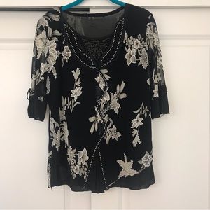 Black and white flower and rhinestone beautiful blouse! Medium! Lightweight mesh